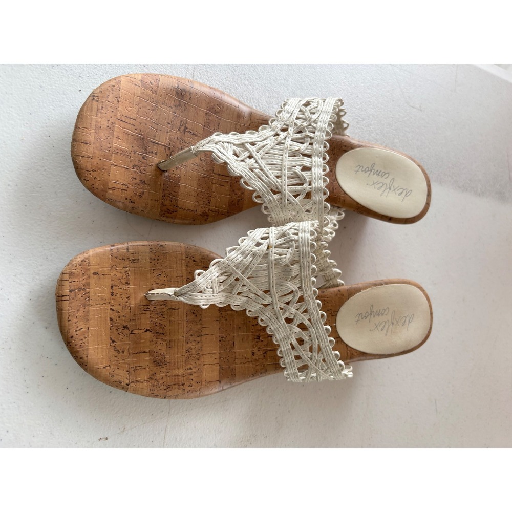 Dexflex Comfort Womens White Macrame Cork Wedge Sandals Thong Slides Size 8.5